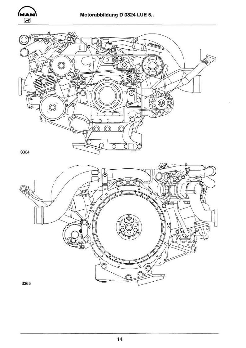 Peut inclure: Illustration technique d&eacute;taill&eacute;e d'un moteur, avec des composants m&eacute;caniques complexes, des engrenages et des tuyaux. L'image comprend le logo MAN et le texte "Motorabbildung D 0824 LUE 5..".