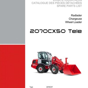 Pu&ograve; includere: Un caricatore gommato rosso e grigio, modello 2070CX50 Tele, &egrave; mostrato su sfondo bianco. L'immagine proviene da un elenco di ricambi, con il logo Weidemann e testo in inglese, francese e tedesco.
