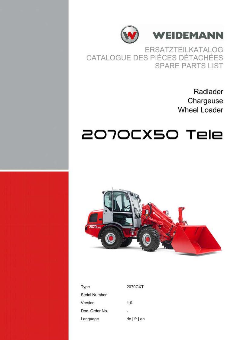 Pu&ograve; includere: Un caricatore gommato rosso e grigio, modello 2070CX50 Tele, &egrave; mostrato su sfondo bianco. L'immagine proviene da un elenco di ricambi, con il logo Weidemann e testo in inglese, francese e tedesco.