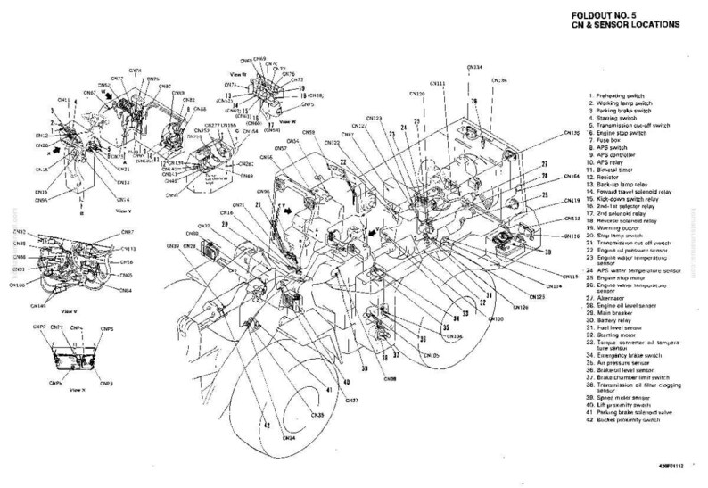 May include: Detailed black and white diagram of a machine's CN & sensor locations. The diagram includes labels for various components such as switches, relays, and sensors. The text "FOLDOUT NO. 5 CN & SENSOR LOCATIONS" is at the top.