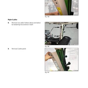 May include: Illustrative images from a manual showing steps to remove a C-pillar panel and cable holders. The images show the interior of a vehicle cab, with close-ups of the panel and cable holder locations. Text includes "Remove C-pillar panel" and "Right C-pillar".