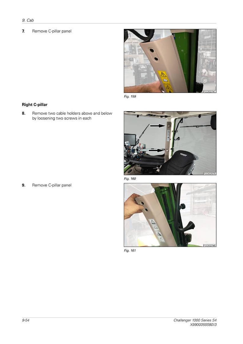 May include: Illustrative images from a manual showing steps to remove a C-pillar panel and cable holders. The images show the interior of a vehicle cab, with close-ups of the panel and cable holder locations. Text includes "Remove C-pillar panel" and "Right C-pillar".