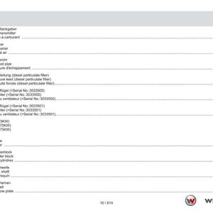 May include: A page from a manual with a table of contents in German, English, and French. The table lists various engine components, including filters, pipes, and propellers, with corresponding page numbers.