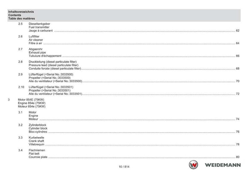 May include: A page from a manual with a table of contents in German, English, and French. The table lists various engine components, including filters, pipes, and propellers, with corresponding page numbers.