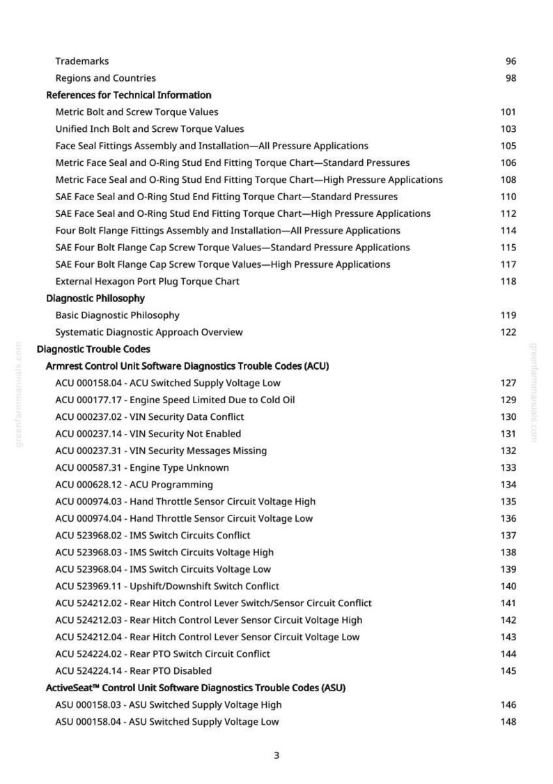 May include: A page from a manual with a table of contents. The text includes technical information, diagnostic trouble codes, and software diagnostics for various systems. The page number is 3.