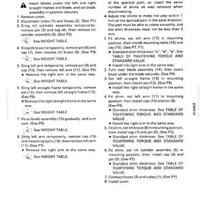 K&ouml;nnte beinhalten: Eine detaillierte technische Zeichnung mit Anweisungen zum Zerlegen und Zusammenbauen einer Klingeneinheit. Der Text enth&auml;lt nummerierte Schritte, Diagramme und Verweise auf Gewichtstabellen und Standardwerte. Das Bild ist in Schwarzwei&szlig;.