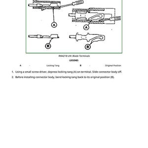K&ouml;nnte beinhalten: Diagramm zur Entfernung eines Steckverbinderk&ouml;rpers von Flachsteckern. Das Bild enth&auml;lt detaillierte Zeichnungen mit Beschriftungen und Anweisungen. Der Text oben lautet "Remove Connector Body From Blade Terminals." Ma&szlig;e sind nicht anwendbar.