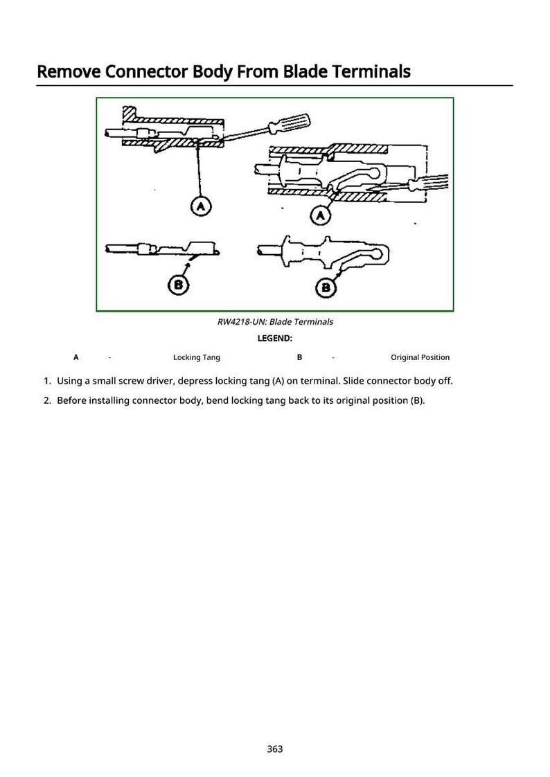 K&ouml;nnte beinhalten: Diagramm zur Entfernung eines Steckverbinderk&ouml;rpers von Flachsteckern. Das Bild enth&auml;lt detaillierte Zeichnungen mit Beschriftungen und Anweisungen. Der Text oben lautet "Remove Connector Body From Blade Terminals." Ma&szlig;e sind nicht anwendbar.