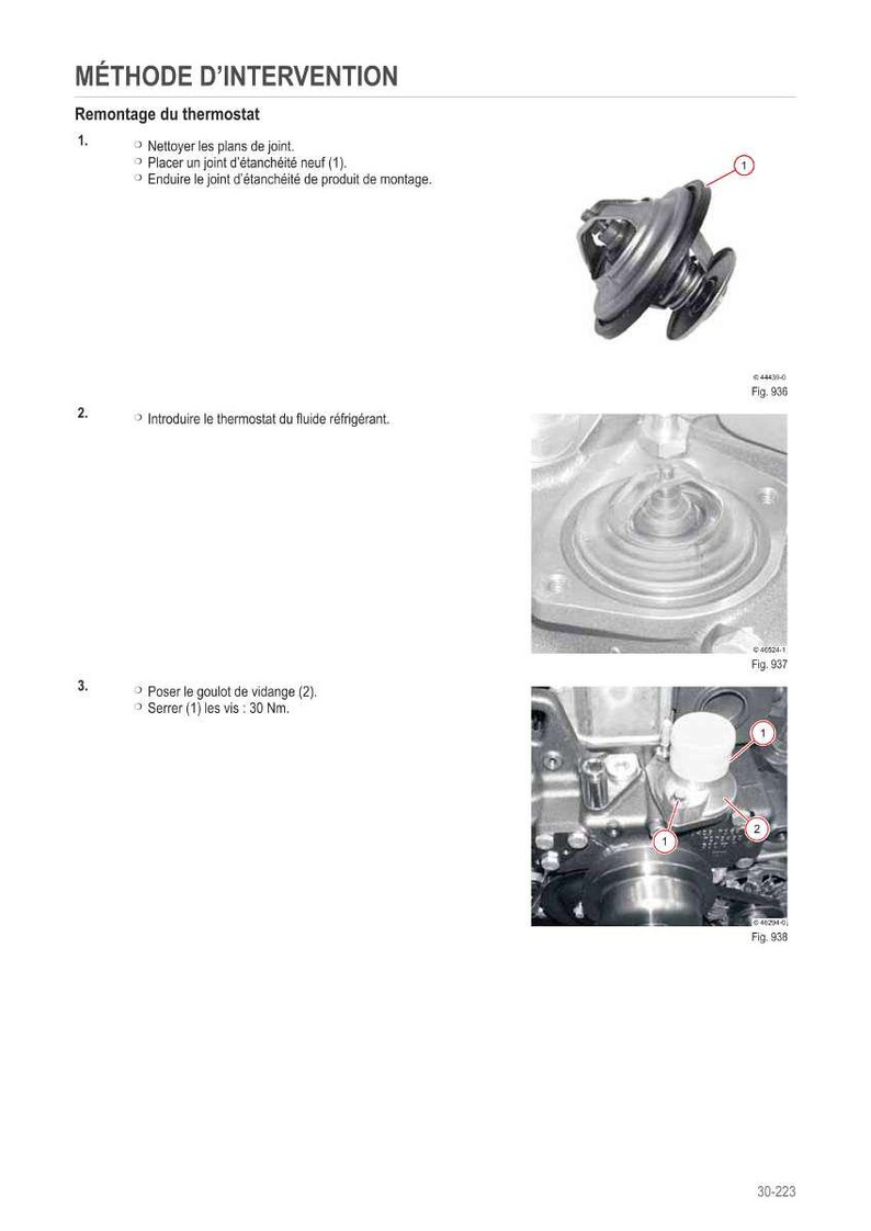 Op de afbeelding: Diagram van een thermostaat installatieprocedure. De afbeelding bevat een gedetailleerd beeld van de thermostaat, samen met instructies in het Frans. De tekst omvat stappen voor reiniging, het plaatsen van een nieuwe afdichting en het aandraaien van schroeven.