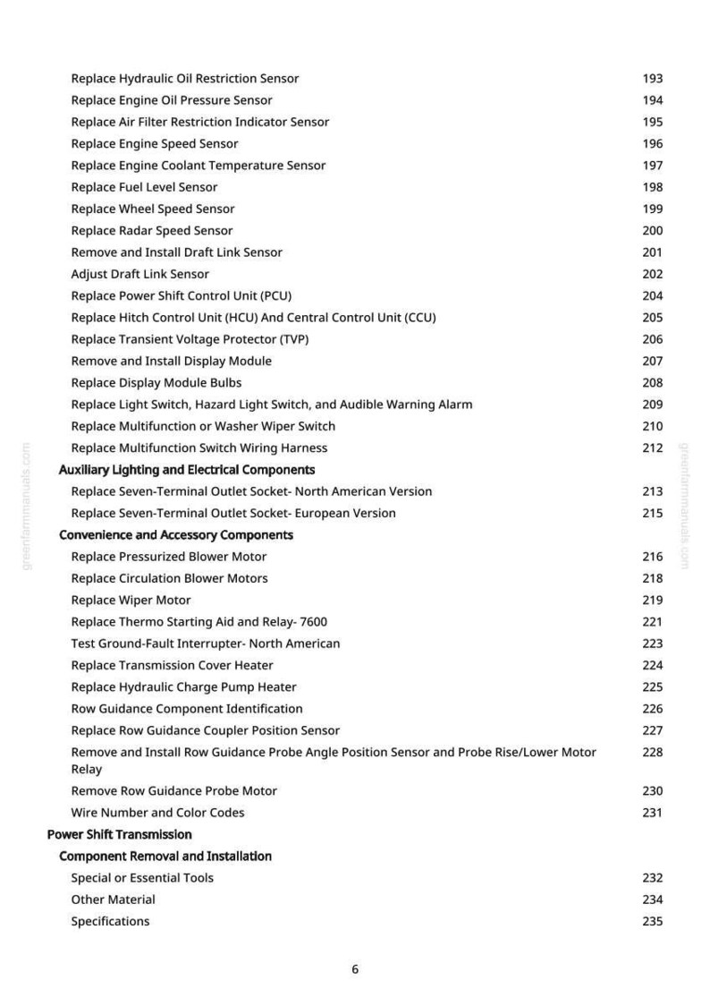 May include: A page from a manual with a list of automotive repair and maintenance procedures. The text includes items like "Replace Engine Oil Pressure Sensor" and "Replace Wiper Motor". The page number is 6.