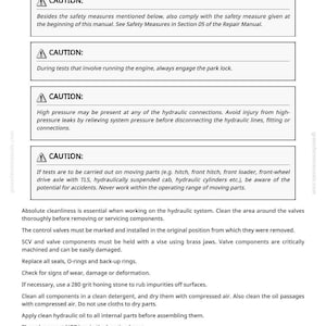 May include: A page from a repair manual titled "Hydraulic System - General Safety and Repair Information." The document includes safety warnings and instructions for maintenance, with text in black on a white background.