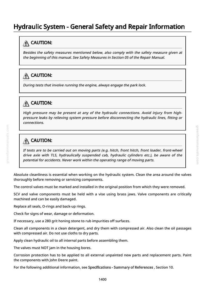 May include: A page from a repair manual titled "Hydraulic System - General Safety and Repair Information." The document includes safety warnings and instructions for maintenance, with text in black on a white background.