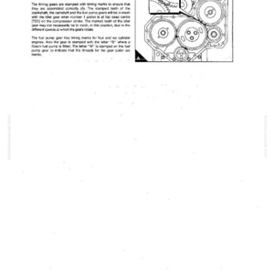 May include: Diagram of engine timing gears with text. The gears are stamped with timing marks. The text includes "General description" and "The timing gears are stamped with timing marks to ensure that they are assembled correctly (A)."