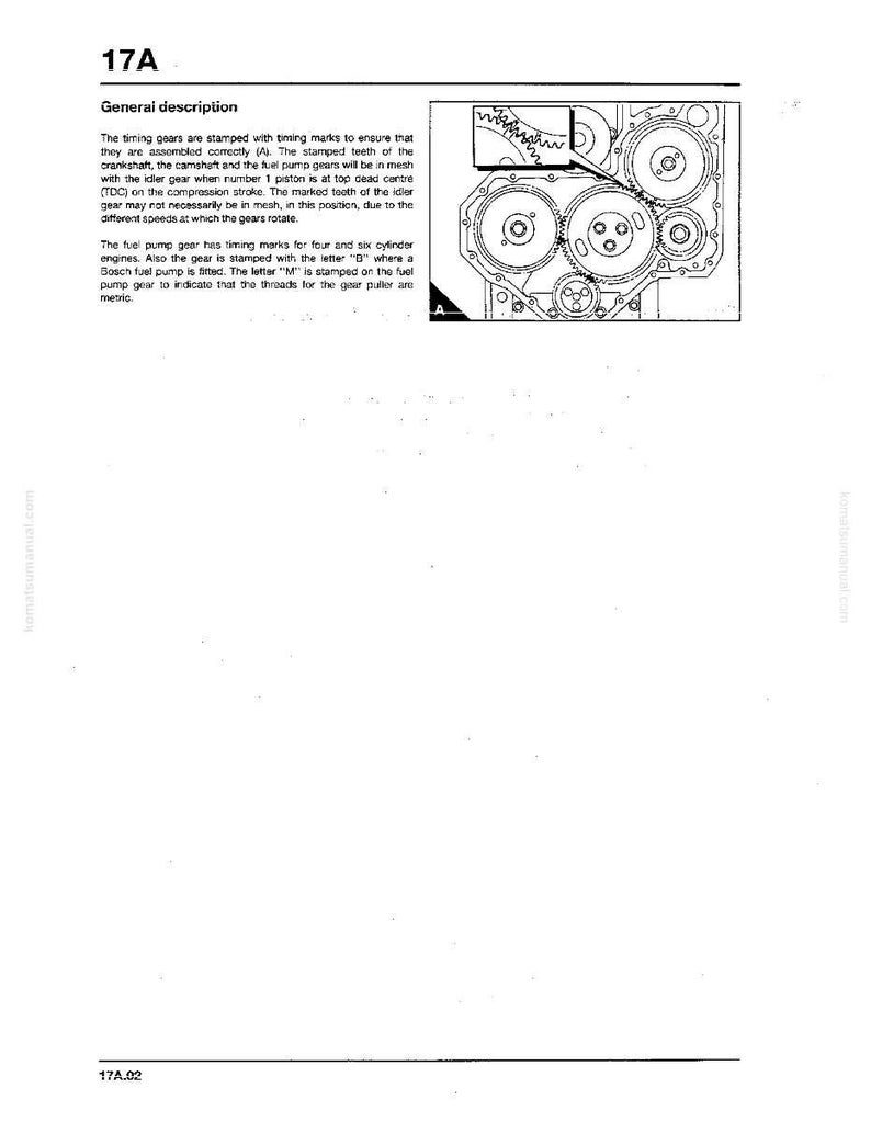 May include: Diagram of engine timing gears with text. The gears are stamped with timing marks. The text includes "General description" and "The timing gears are stamped with timing marks to ensure that they are assembled correctly (A)."