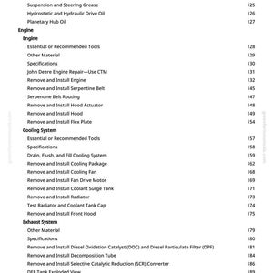 Pode incluir: Uma tabela de conte&uacute;do detalhada de um manual de reparo do motor John Deere. O texto lista v&aacute;rios componentes do motor, incluindo &oacute;leo, graxa e pe&ccedil;as do sistema de refrigera&ccedil;&atilde;o, juntamente com os n&uacute;meros das p&aacute;ginas.