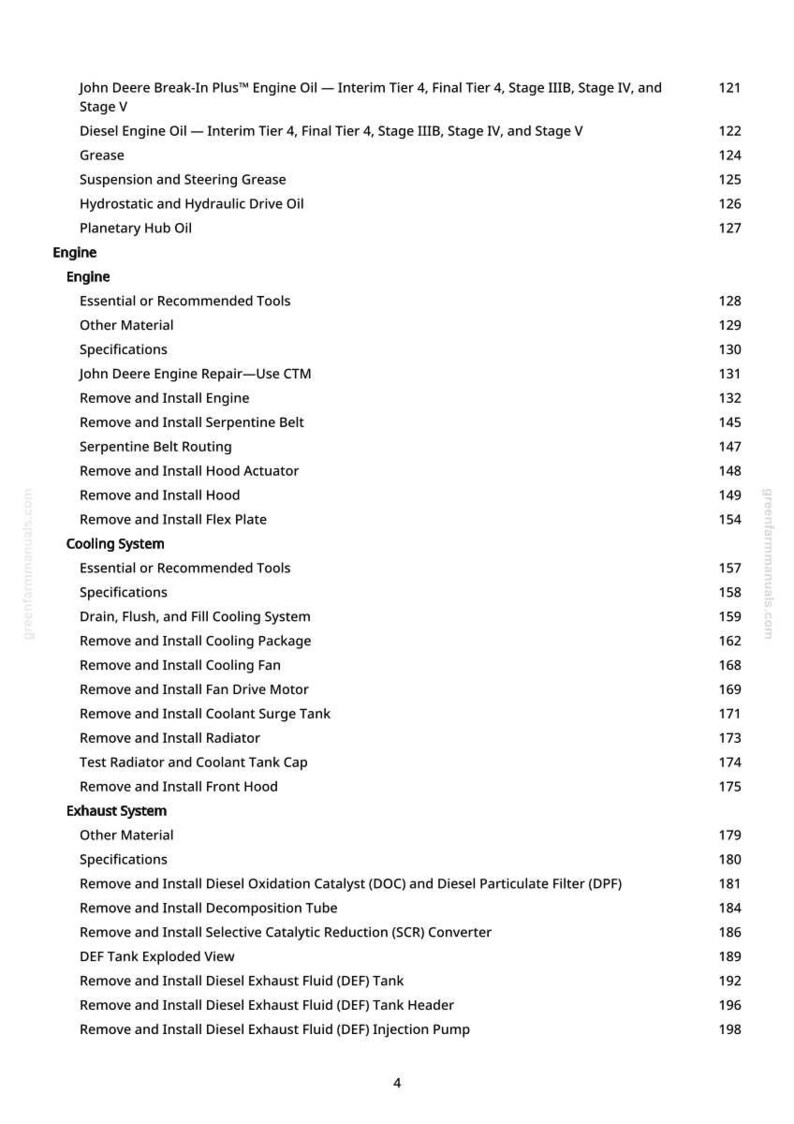 Pode incluir: Uma tabela de conte&uacute;do detalhada de um manual de reparo do motor John Deere. O texto lista v&aacute;rios componentes do motor, incluindo &oacute;leo, graxa e pe&ccedil;as do sistema de refrigera&ccedil;&atilde;o, juntamente com os n&uacute;meros das p&aacute;ginas.