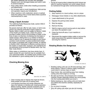K&ouml;nnte beinhalten: Eine Seite des Sicherheitshandbuchs mit Text und Illustrationen. Die Seite behandelt die Sicherheit von Rasenm&auml;hern, einschlie&szlig;lich der Verwendung eines Funkensammlers, der &Uuml;berpr&uuml;fung des M&auml;hbereichs und der Parkverfahren.
