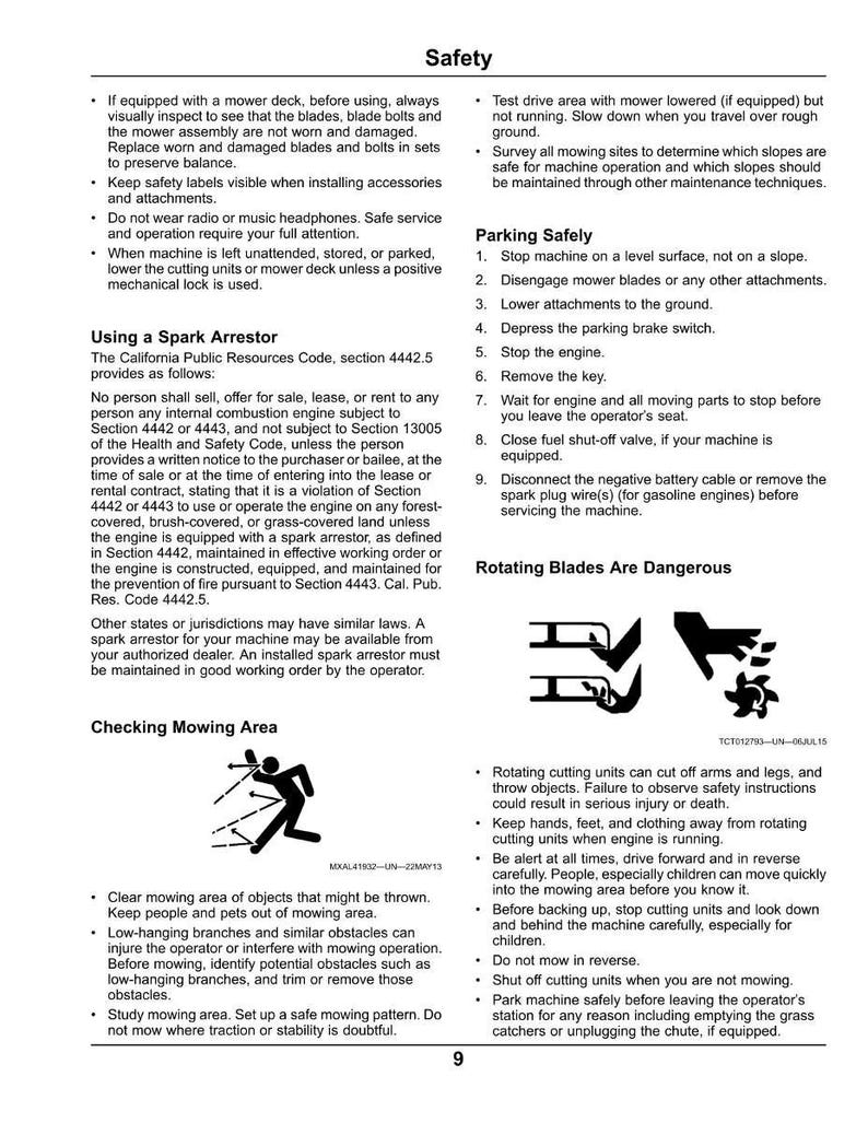 K&ouml;nnte beinhalten: Eine Seite des Sicherheitshandbuchs mit Text und Illustrationen. Die Seite behandelt die Sicherheit von Rasenm&auml;hern, einschlie&szlig;lich der Verwendung eines Funkensammlers, der &Uuml;berpr&uuml;fung des M&auml;hbereichs und der Parkverfahren.