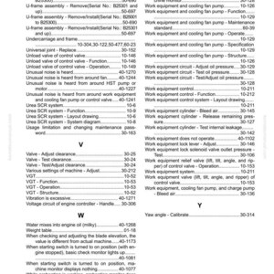 May include: A page from a Komatsu manual, featuring an index of terms related to work equipment, including valves, pumps, and engine components. The text is in black font on a white background, with page numbers and a website URL.