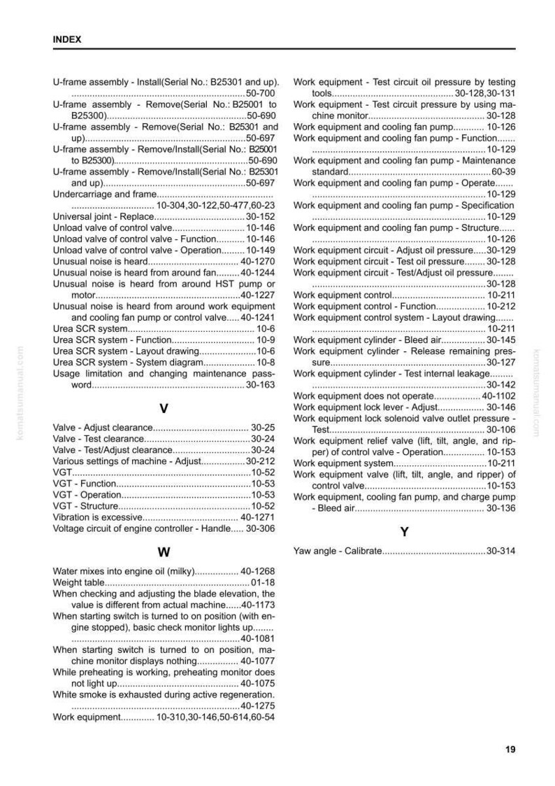 May include: A page from a Komatsu manual, featuring an index of terms related to work equipment, including valves, pumps, and engine components. The text is in black font on a white background, with page numbers and a website URL.