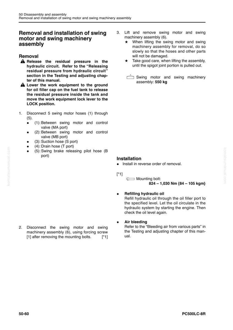 May include: A page from a manual detailing the removal and installation of a swing motor and swing machinery assembly. Instructions include disconnecting hoses, removing bolts, and refilling hydraulic oil. The text includes measurements in Nm and kgm.