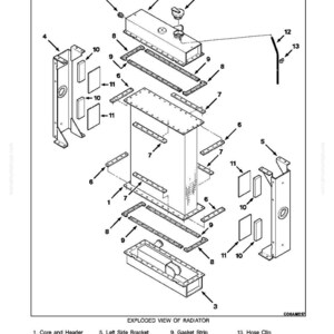 K&ouml;nnte beinhalten: Eine Explosionszeichnung eines K&uuml;hlers mit Komponenten wie Kern und Header, oberem Tank, unterem Tank, Halterungen und Dichtungen. Das Diagramm enth&auml;lt einen K&uuml;hlerdeckel, ein Schauglas und einen &Uuml;berlaufschlauch. Der Text "RADIATOR" und "COOLING" stehen oben.