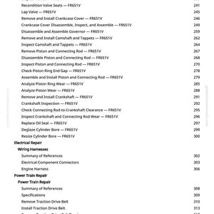 May include: A detailed table of contents from a manual, listing procedures for engine repair, including cylinder head, valves, crankshaft, and electrical components. The page numbers are listed on the right side.