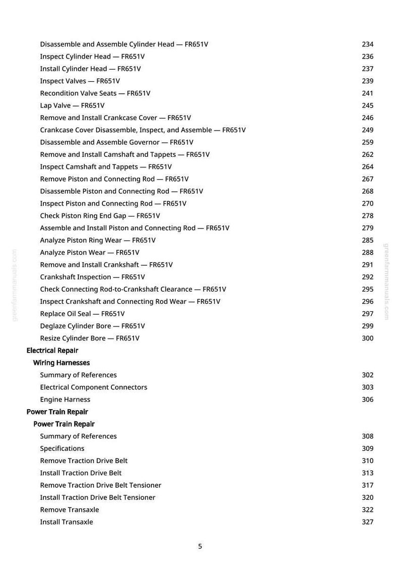 May include: A detailed table of contents from a manual, listing procedures for engine repair, including cylinder head, valves, crankshaft, and electrical components. The page numbers are listed on the right side.