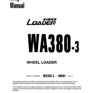 May include: A white shop manual with black text. The cover features the text "Shop Manual", the "avance LOADER" logo, and the model number "WA380-3". The words "WHEEL LOADER" are also displayed. The serial numbers are WA380-3 - 50001 and up.