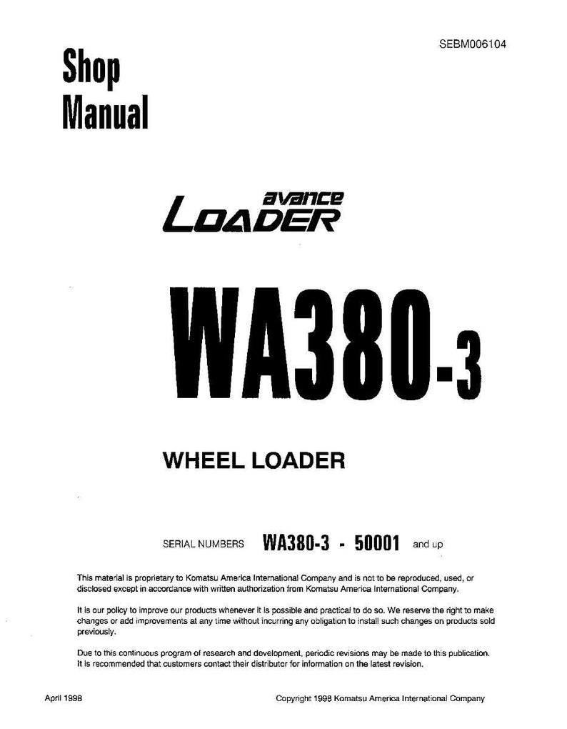 May include: A white shop manual with black text. The cover features the text "Shop Manual", the "avance LOADER" logo, and the model number "WA380-3". The words "WHEEL LOADER" are also displayed. The serial numbers are WA380-3 - 50001 and up.