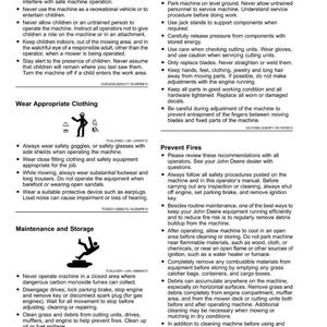 Puede incluir: P&aacute;gina de un manual del operador con instrucciones de seguridad para una m&aacute;quina. El texto incluye advertencias sobre ni&ntilde;os, combustible y prevenci&oacute;n de incendios. Hay diagramas que ilustran la ropa y los procedimientos de mantenimiento adecuados.