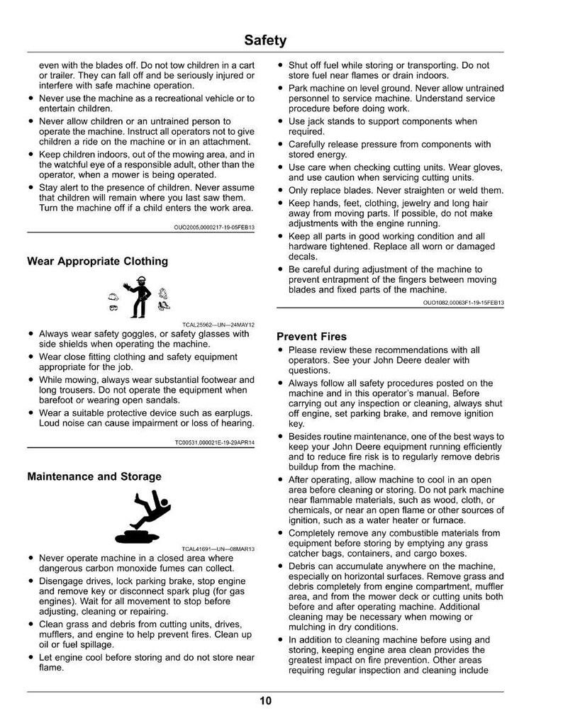 Puede incluir: P&aacute;gina de un manual del operador con instrucciones de seguridad para una m&aacute;quina. El texto incluye advertencias sobre ni&ntilde;os, combustible y prevenci&oacute;n de incendios. Hay diagramas que ilustran la ropa y los procedimientos de mantenimiento adecuados.