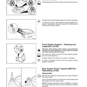 May include: Diagrams and instructions for front engine support cleaning and inspection, and rear engine power takeoff rebuilding. Includes steps for inspection, disassembly, and warnings about steam cleaning.