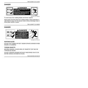 May include: White page with safety labels and text. The labels warn about rotating blades and thrown objects. Text includes "DANGER" and instructions to avoid injury. The page also has a diagram of a person.