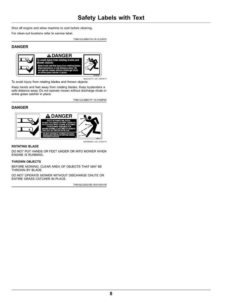 May include: White page with safety labels and text. The labels warn about rotating blades and thrown objects. Text includes "DANGER" and instructions to avoid injury. The page also has a diagram of a person.