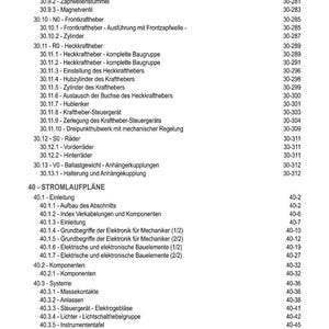 Może przedstawiać: Szczeg&oacute;łowy spis treści w języku niemieckim, wymieniający r&oacute;żne komponenty mechaniczne i systemy elektryczne, w tym koła przednie i tylne, układy hydrauliczne i elementy elektryczne. Numery stron znajdują się po prawej stronie.