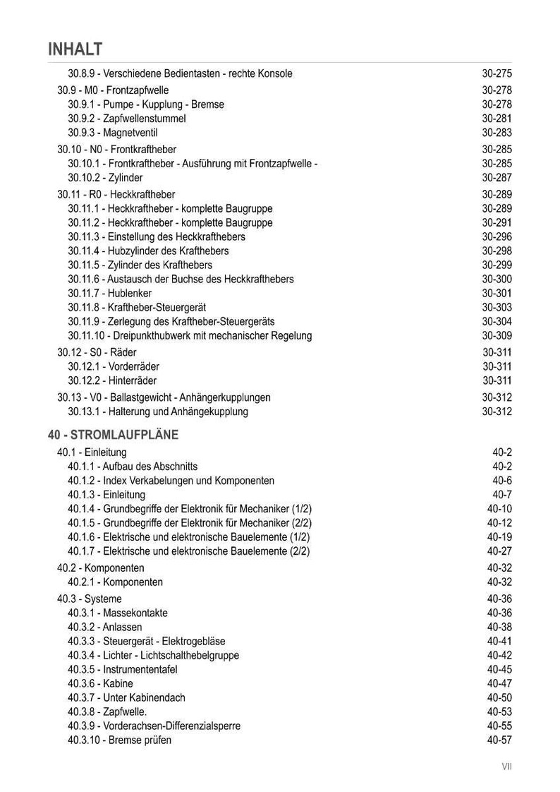 Może przedstawiać: Szczeg&oacute;łowy spis treści w języku niemieckim, wymieniający r&oacute;żne komponenty mechaniczne i systemy elektryczne, w tym koła przednie i tylne, układy hydrauliczne i elementy elektryczne. Numery stron znajdują się po prawej stronie.