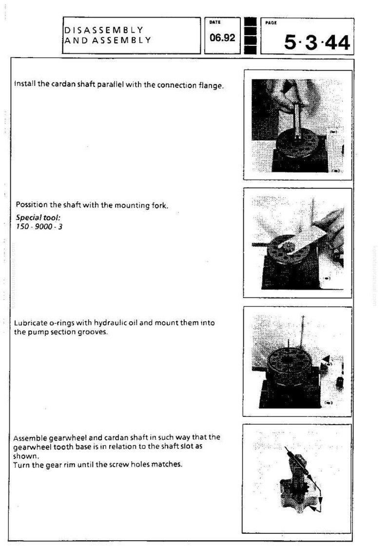 May include: A technical diagram from a manual, titled "Disassembly and Assembly," with instructions and illustrations for mechanical procedures. The date is 06.92. The page number is 5-3-44. The diagram includes text and images.