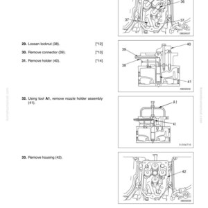 Pu&ograve; includere: Schema di una testata con etichette per le istruzioni di smontaggio e montaggio. Include illustrazioni di parti come croci, aste di spinta, connettori e il gruppo porta iniettore. Il testo include istruzioni e numeri di parte.
