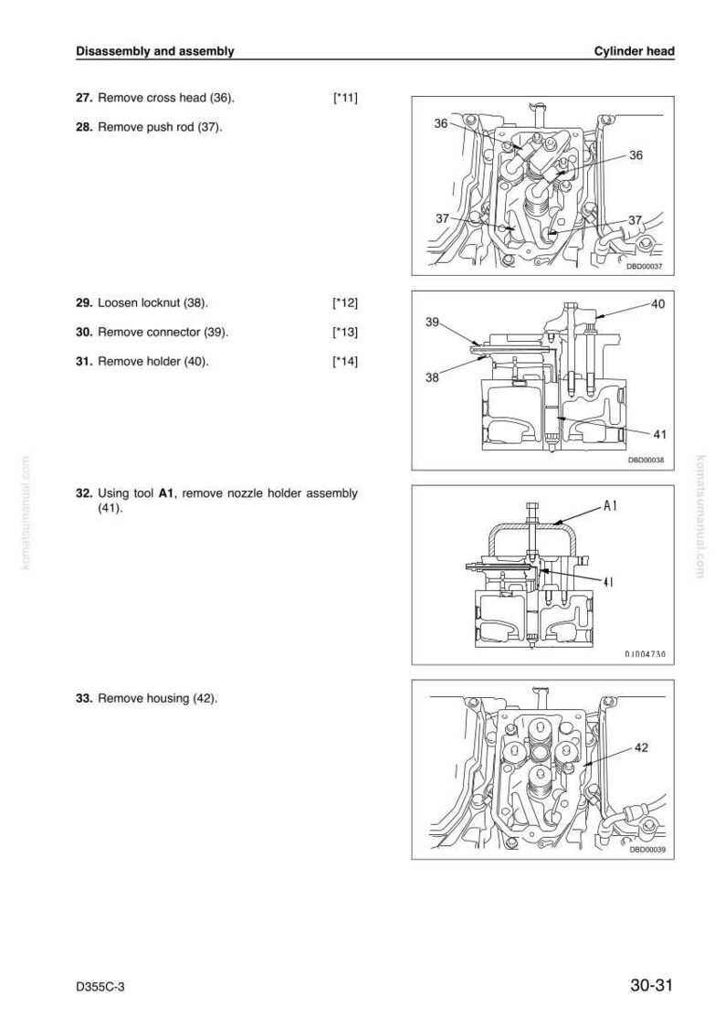 Pu&ograve; includere: Schema di una testata con etichette per le istruzioni di smontaggio e montaggio. Include illustrazioni di parti come croci, aste di spinta, connettori e il gruppo porta iniettore. Il testo include istruzioni e numeri di parte.