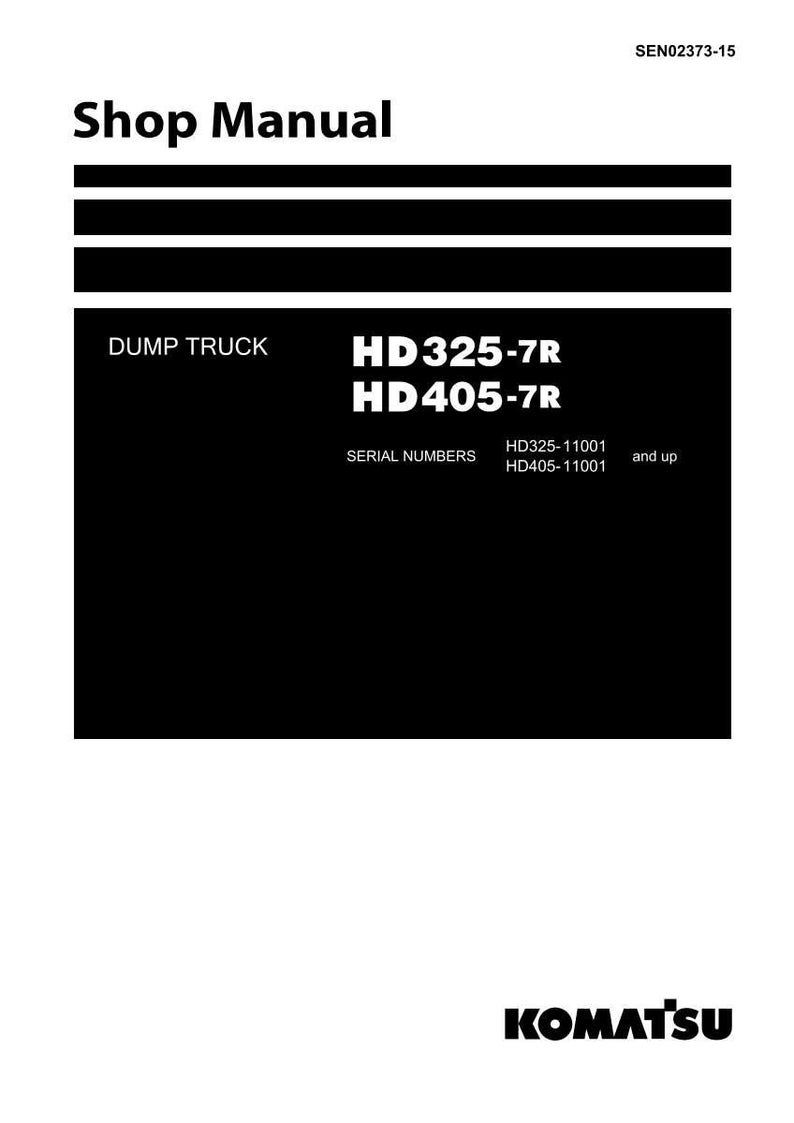 May include: A white shop manual cover with black text. The title "Shop Manual" is at the top. Below, the text reads "DUMP TRUCK" and "HD325-7R HD405-7R". The Komatsu logo is at the bottom.