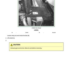 Puede incluir: Diagrama que ilustra la extracci&oacute;n e instalaci&oacute;n de un cap&oacute;. La imagen incluye un primer plano de un componente de la m&aacute;quina con un escudo y un soporte, etiquetados A y B. Un cuadro de precauci&oacute;n advierte sobre un tubo de escape caliente.