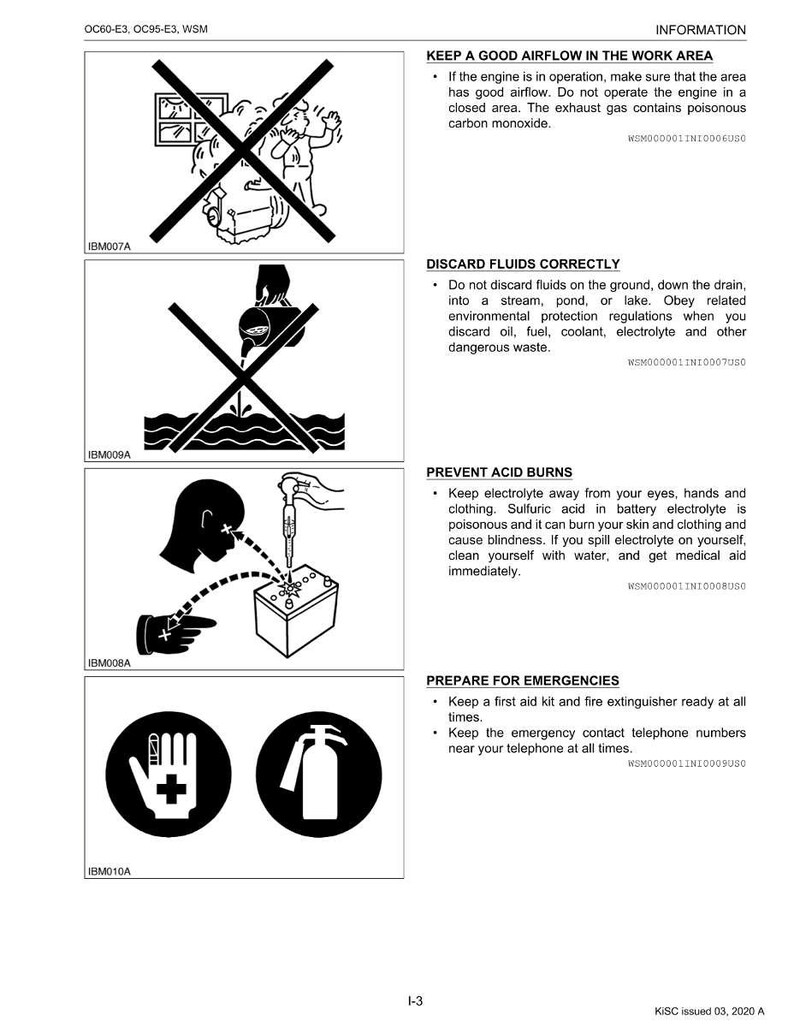 May include: A safety information sheet with black and white illustrations and text. The sheet includes warnings about airflow, fluid disposal, acid burns, and emergency preparedness. The illustrations depict safety measures.