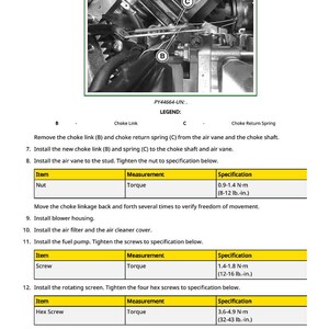 May include: Diagram of engine components, showing choke link, choke return spring, and related parts. Includes torque specifications in N-m and lb.-in. for nuts, screws, and hex screws. Text provides installation and adjustment instructions.