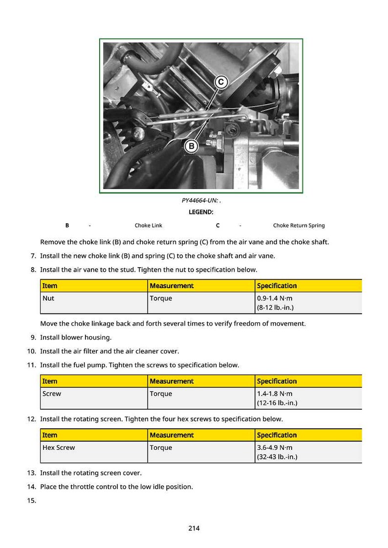 May include: Diagram of engine components, showing choke link, choke return spring, and related parts. Includes torque specifications in N-m and lb.-in. for nuts, screws, and hex screws. Text provides installation and adjustment instructions.