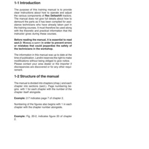 Puede incluir: Manual de formaci&oacute;n blanco con texto negro. La portada dice "INTRODUCTION" y "Sect. 1 - Reading the manual". El manual proporciona instrucciones para los tractores Rex Deltashift, incluidas las pautas de seguridad y los detalles de la estructura.