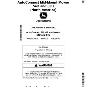 Pode incluir: Um manual do operador branco para a cortadora AutoConnect Mid-Mount 54D e 60D, com o logotipo da John Deere. O manual inclui um aviso da Proposi&ccedil;&atilde;o 65 da Calif&oacute;rnia sobre as emiss&otilde;es de motores a diesel e avisos sobre motores a gasolina.