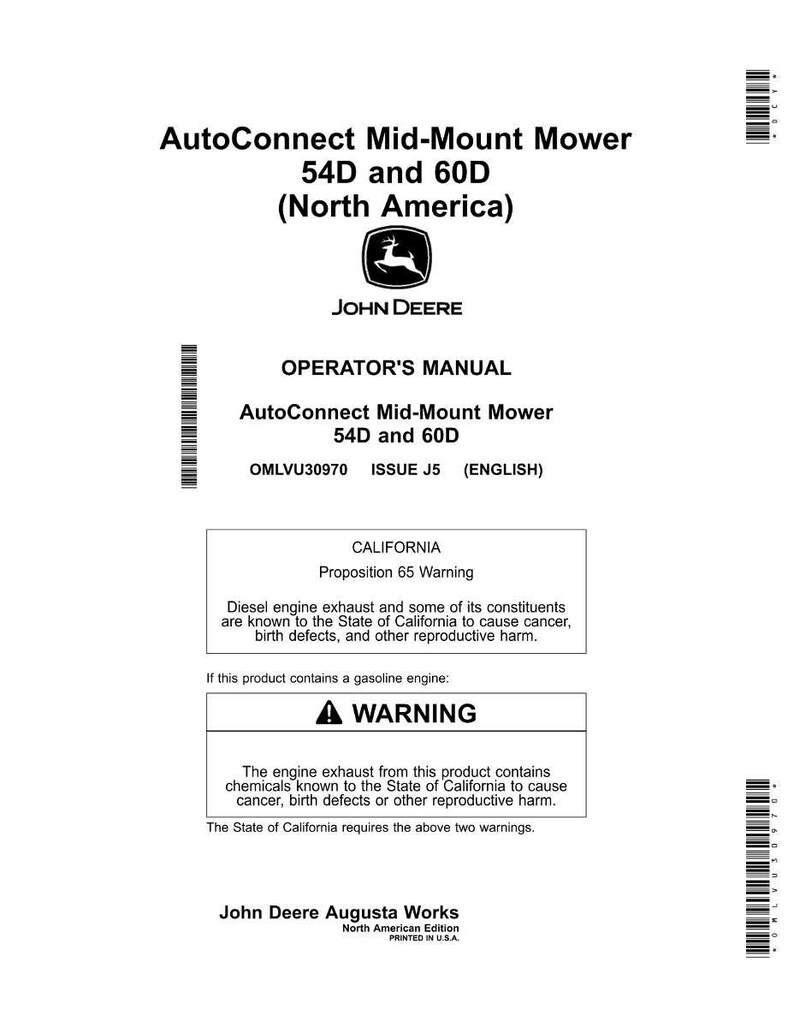 Pode incluir: Um manual do operador branco para a cortadora AutoConnect Mid-Mount 54D e 60D, com o logotipo da John Deere. O manual inclui um aviso da Proposi&ccedil;&atilde;o 65 da Calif&oacute;rnia sobre as emiss&otilde;es de motores a diesel e avisos sobre motores a gasolina.