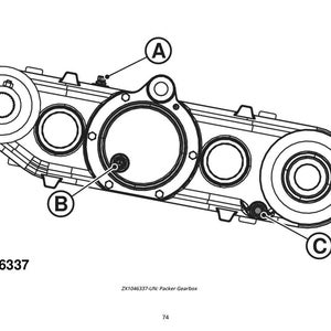 May include: A detailed line drawing of a mechanical part, possibly a gearbox, featuring circular and rectangular elements. The image is labelled with the text "ZX1046337" and callouts A, B, and C. The component is rendered in black and white.