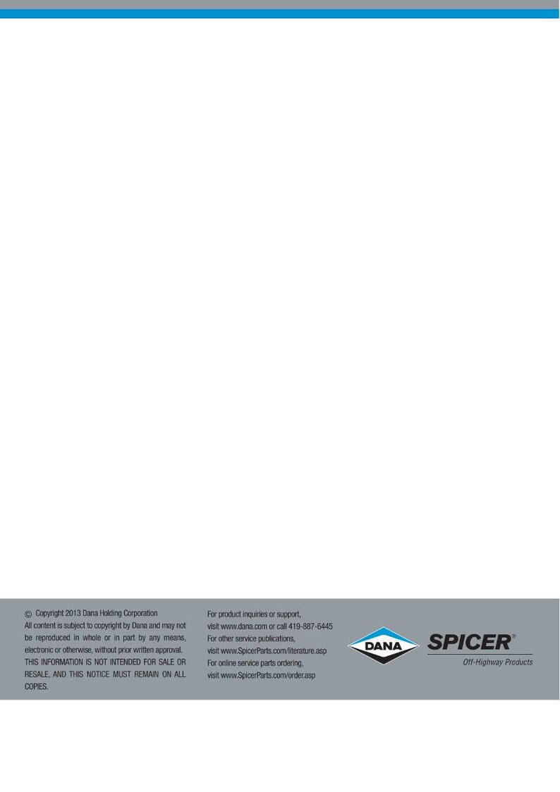 May include: A white background with a blue and gray banner at the top and a gray banner at the bottom. The bottom banner contains the Dana and Spicer logos, and text about copyright and product inquiries.